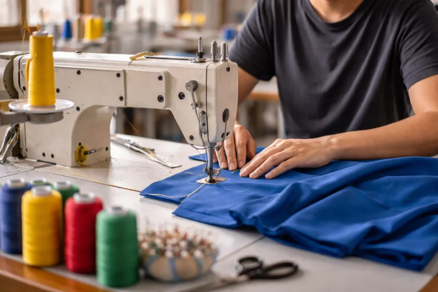 Proses jahit seragam di workshop konveksi Ciputat Timur