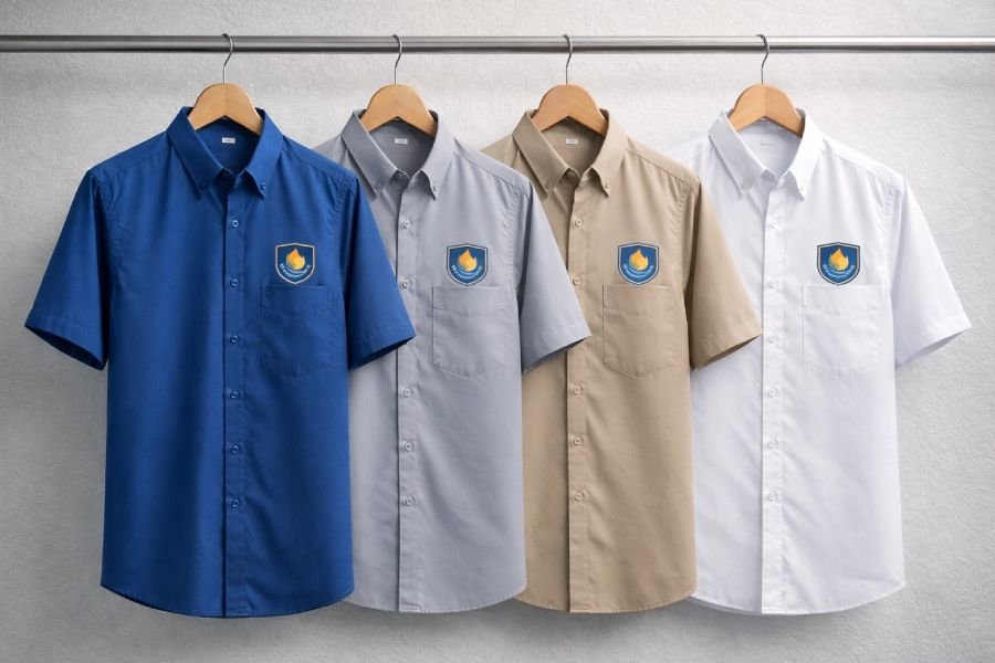 Seragam kantor custom dengan bordir logo perusahaan produksi Tangerang Selatan