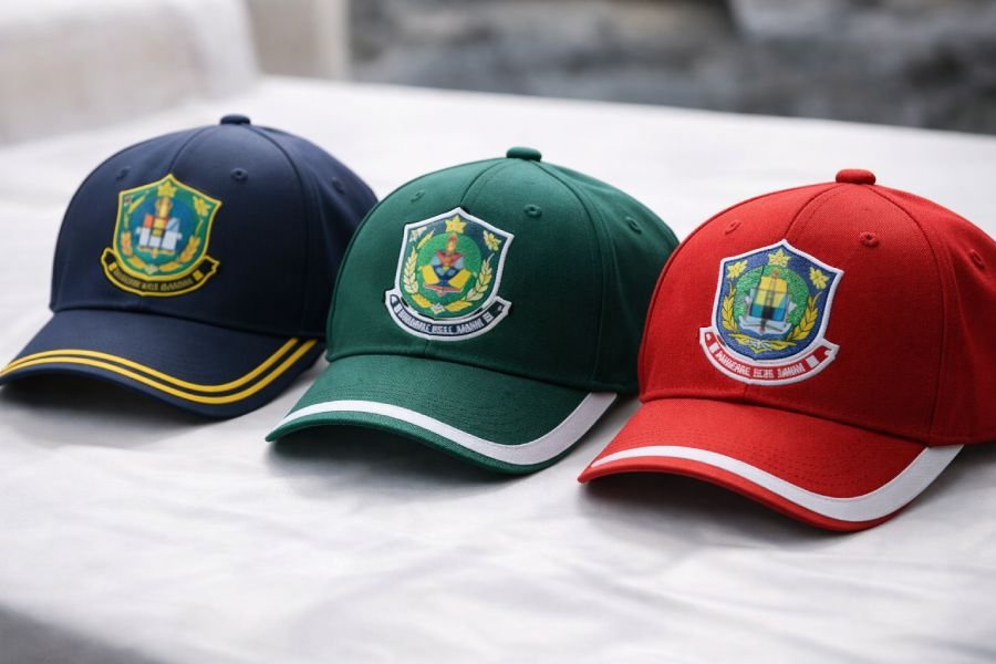 Topi sekolah custom dengan logo sekolah produksi Tangerang Selatan